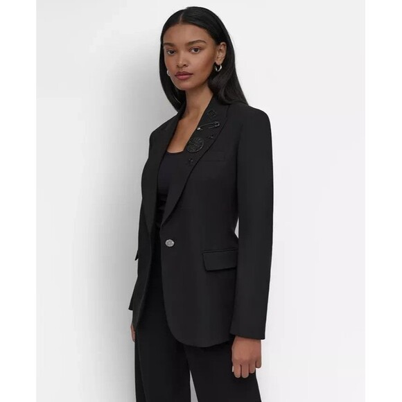 DKNY Women's Embellished Peak-Lapel One-Button Jacket Blazer Modern Chic Black 8 - Picture 6 of 13